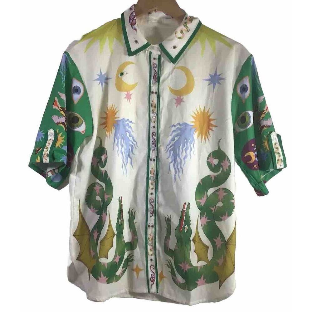 Days Of Heaven Print Shirt Button Up Linen Blend Sz Small Multicolor Relaxed Fit